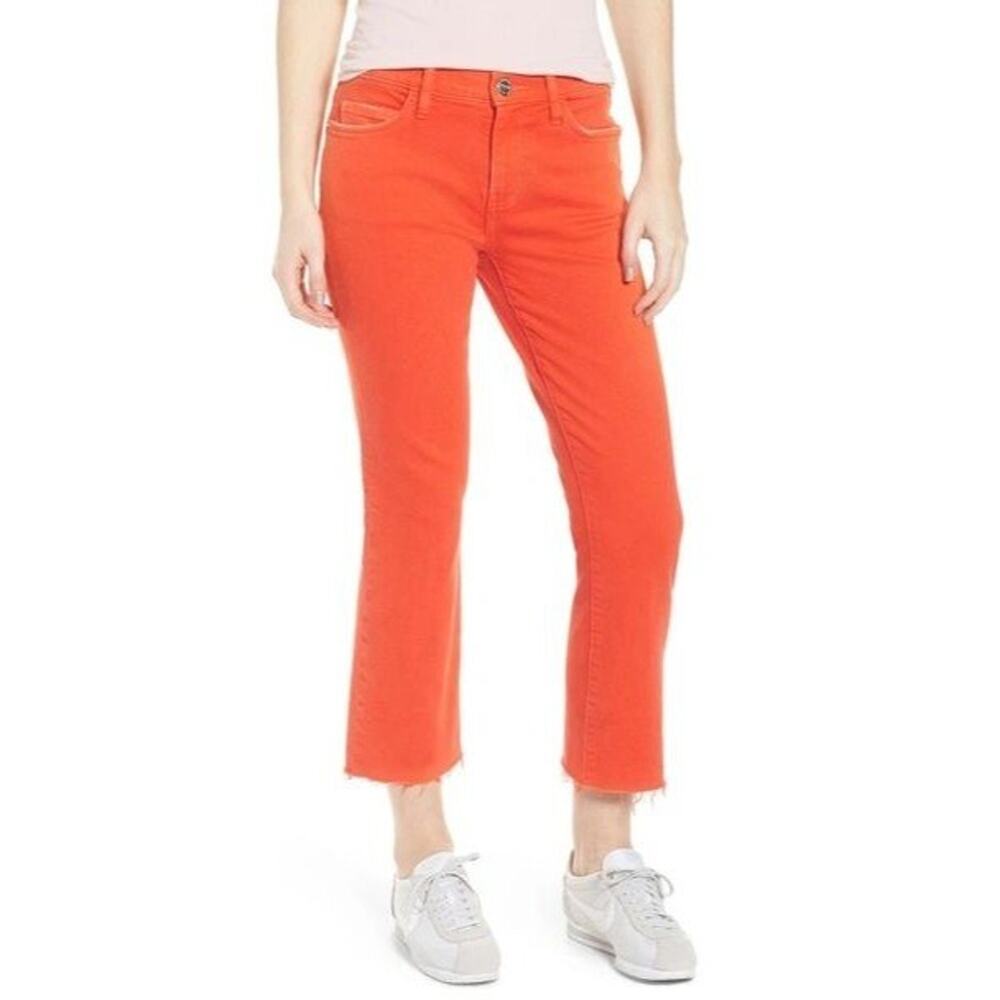 Current Elliot Womens The Kick Flare Leg Cropped Jeans Size 26 Fiery Red Raw Hem